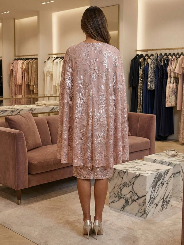 Sheath/Column Tea-Length Mother of the Bride & Groom Dresses with Sequin Floral Lace Appliques & Detachable Cape