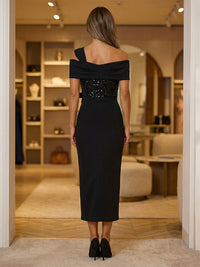 Sheath/Column Satin Midi-Length Off Shoulder Mother of the Bride & Groom Dresses with Sequin Bodice