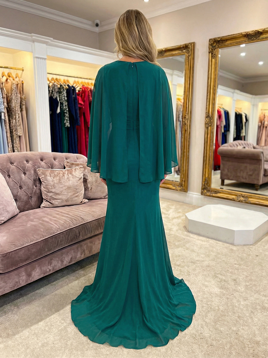 Mermaid Chiffon Cape Sleeves Maxi Mother of the Bride & Groom Dresses with Ruched Waist & Sweep Train