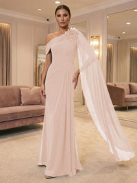A-Line Off Shoulder Chiffon Cape Sleeves Maxi Mother of the Bride & Groom Dresses with Ruched Waist & 3D Floral Applique