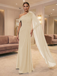 A-Line Off Shoulder Chiffon Cape Sleeves Maxi Mother of the Bride & Groom Dresses with Ruched Waist & 3D Floral Applique