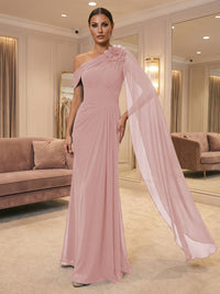 A-Line Off Shoulder Chiffon Cape Sleeves Maxi Mother of the Bride & Groom Dresses with Ruched Waist & 3D Floral Applique