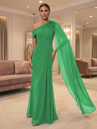 A-Line Off Shoulder Chiffon Cape Sleeves Maxi Mother of the Bride & Groom Dresses with Ruched Waist & 3D Floral Applique
