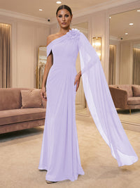 A-Line Off Shoulder Chiffon Cape Sleeves Maxi Mother of the Bride & Groom Dresses with Ruched Waist & 3D Floral Applique