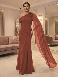 A-Line Off Shoulder Chiffon Cape Sleeves Maxi Mother of the Bride & Groom Dresses with Ruched Waist & 3D Floral Applique