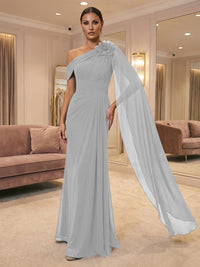 A-Line Off Shoulder Chiffon Cape Sleeves Maxi Mother of the Bride & Groom Dresses with Ruched Waist & 3D Floral Applique