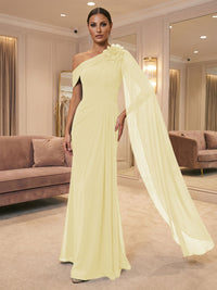 A-Line Off Shoulder Chiffon Cape Sleeves Maxi Mother of the Bride & Groom Dresses with Ruched Waist & 3D Floral Applique