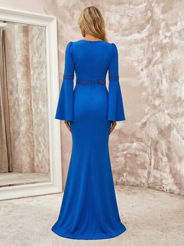 Mermaid Satin Long Flare Sleeves Maxi Mother of the Bride & Groom Dresses with Beaded Waist