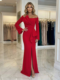 Sheath Satin Off Shoulder Long Sleeves Maxi Mother of the Bride & Groom Dresses with Bow Waist & Slit