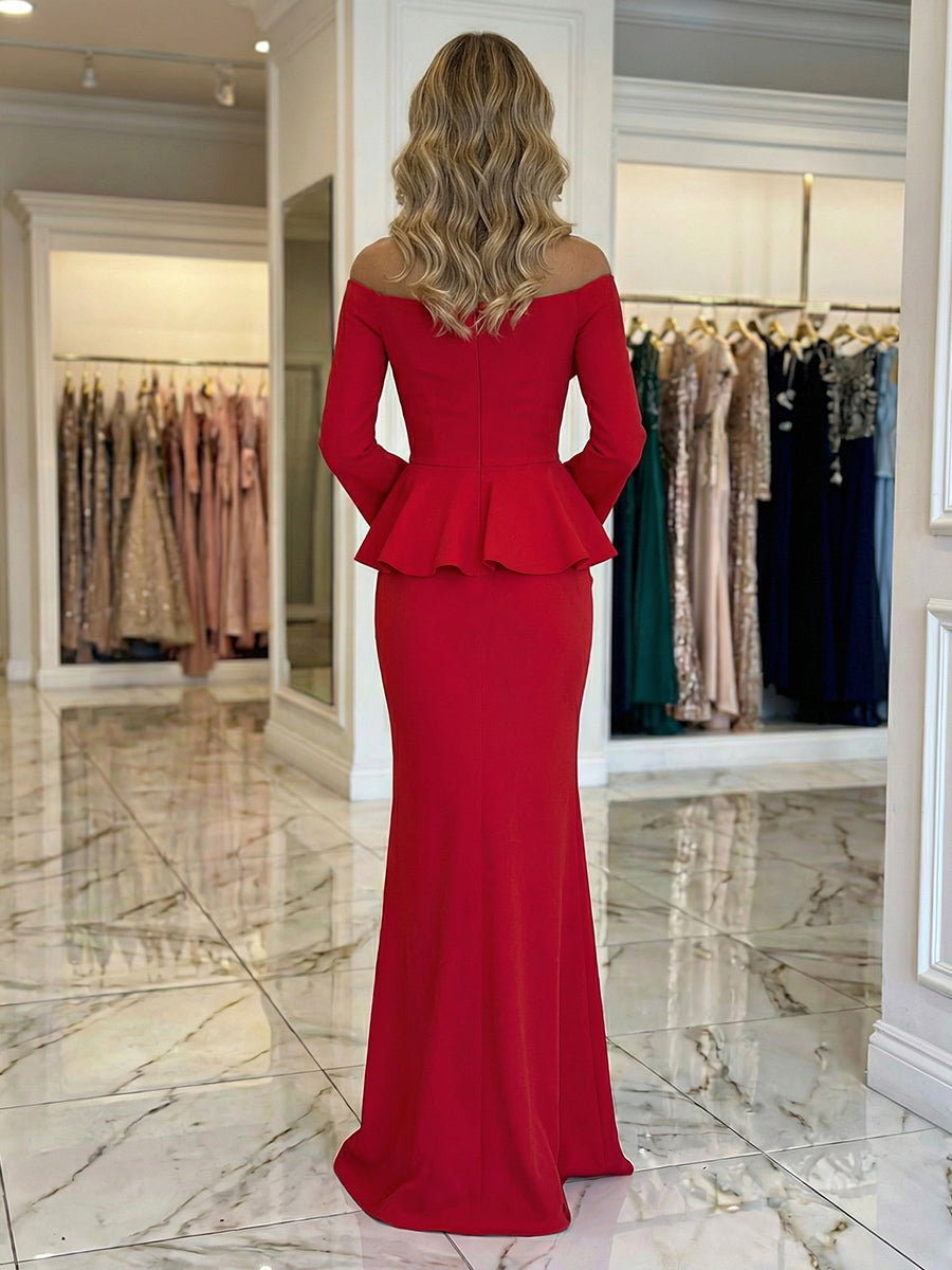 Sheath Satin Off Shoulder Long Sleeves Maxi Mother of the Bride & Groom Dresses with Bow Waist & Slit
