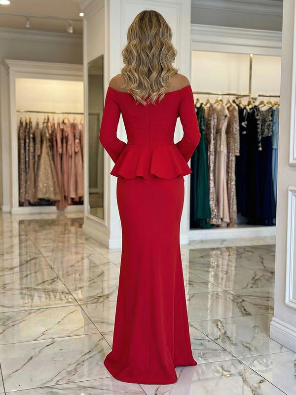 Sheath Satin Off Shoulder Long Sleeves Maxi Mother of the Bride & Groom Dresses with Bow Waist & Slit