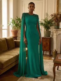 Sheath/Column Chiffon Draped Cape Sleeves Maxi Mother of the Bride & Groom Dresses with Sweep Train & Beaded Shoulder