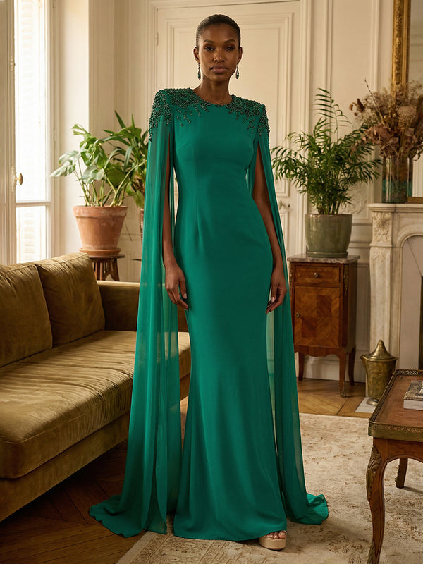 Sheath/Column Chiffon Draped Cape Sleeves Maxi Mother of the Bride & Groom Dresses with Sweep Train & Beaded Shoulder