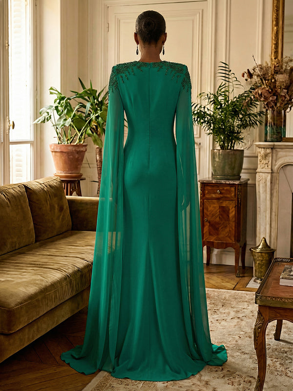 Sheath/Column Chiffon Draped Cape Sleeves Maxi Mother of the Bride & Groom Dresses with Sweep Train & Beaded Shoulder