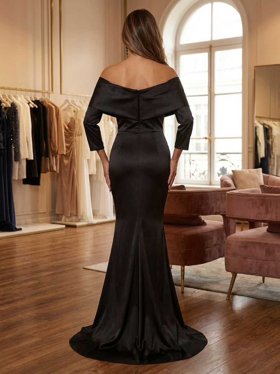 Mermaid/Trumpet Satin Off Shoulder Long Sleeves Maxi Mother of the Bride & Groom Dresses with Ruched Waist