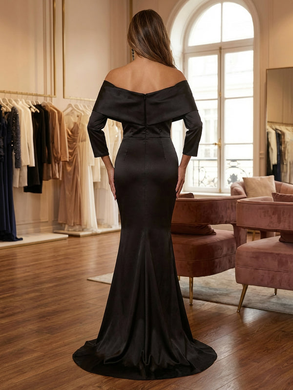 Mermaid/Trumpet Satin Off Shoulder Long Sleeves Maxi Mother of the Bride & Groom Dresses with Ruched Waist