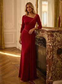 Sheath/Column Satin 3/4 Sleeves Asymmetrical Neck Maxi Mother of the Bride & Groom Dresses with Ruched Sequin Waist