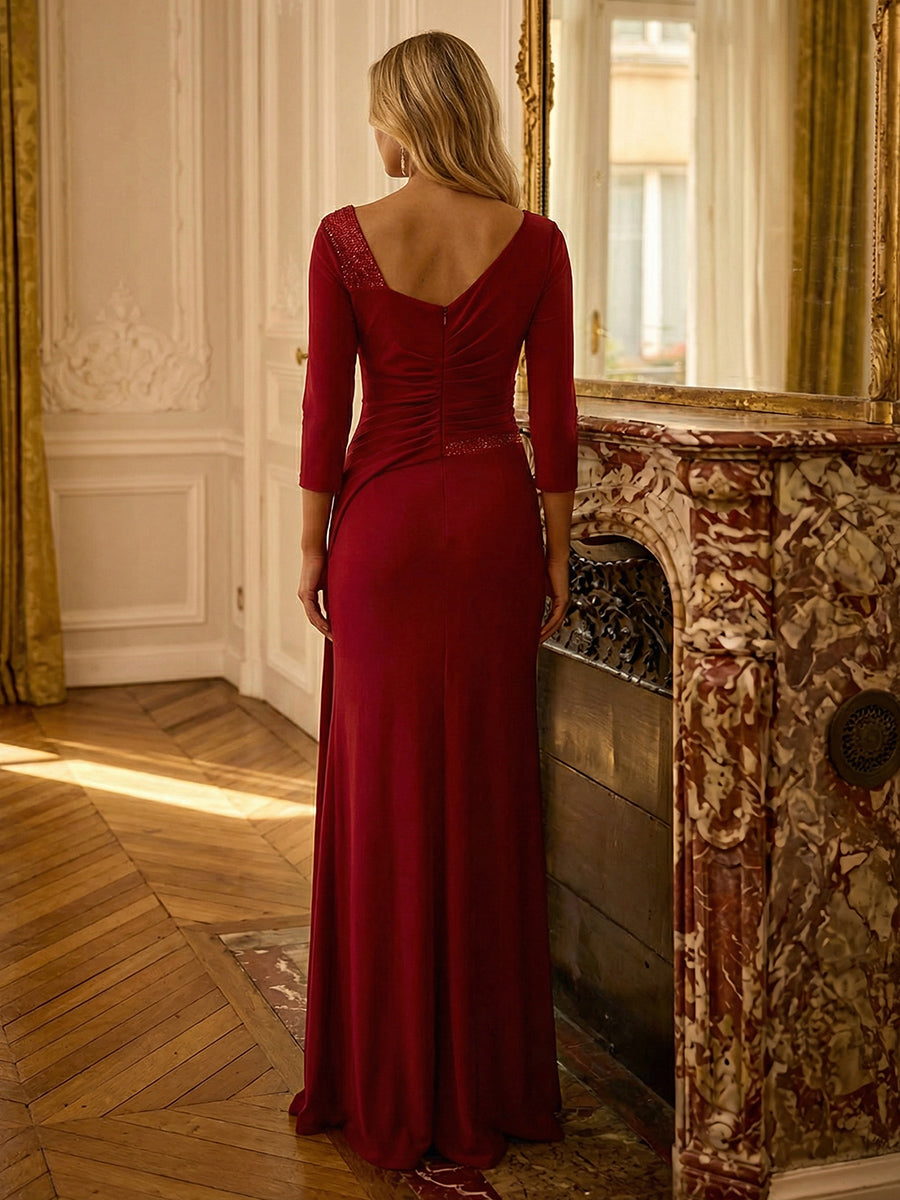 Sheath/Column Satin 3/4 Sleeves Asymmetrical Neck Maxi Mother of the Bride & Groom Dresses with Ruched Sequin Waist