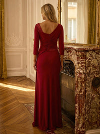 Sheath/Column Satin 3/4 Sleeves Asymmetrical Neck Maxi Mother of the Bride & Groom Dresses with Ruched Sequin Waist