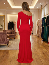 Sheath Satin Off Shoulder Long Sleeves Mother of the Bride & Groom Dresses with Waist Belt & High Slit