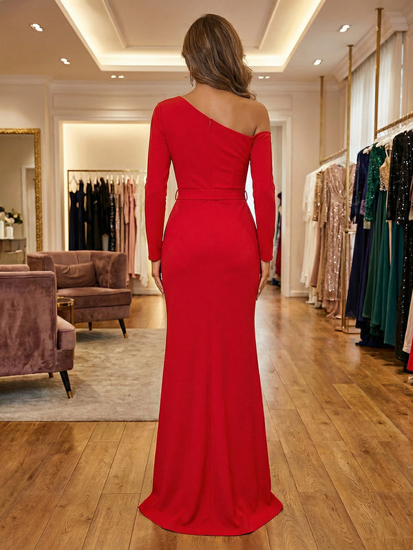 Sheath Satin Off Shoulder Long Sleeves Mother of the Bride & Groom Dresses with Waist Belt & High Slit