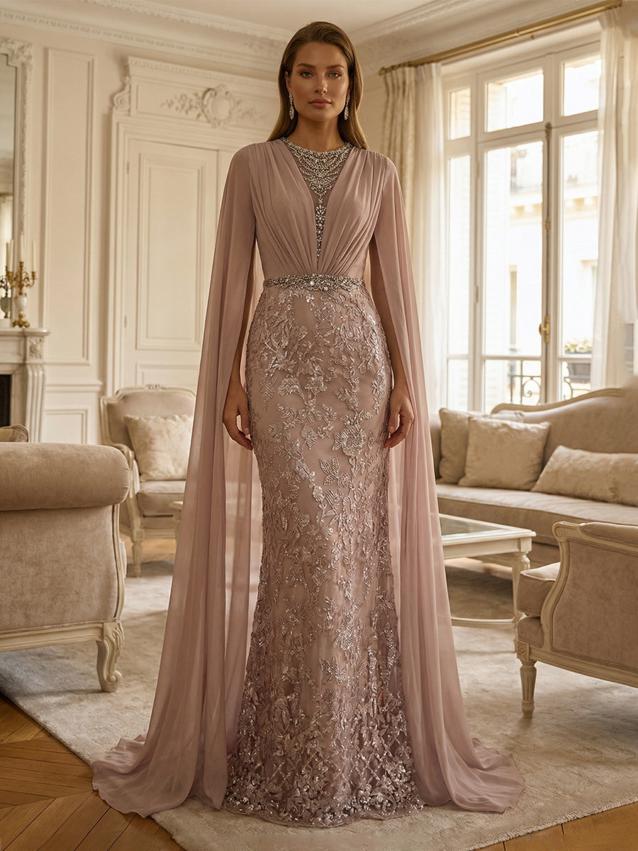 Sheath/Column Chiffon Cape Sleeves Maxi Mother of the Bride & Groom Dresses with Ruched Waist, Floral Lace Appliques & Sweep Train