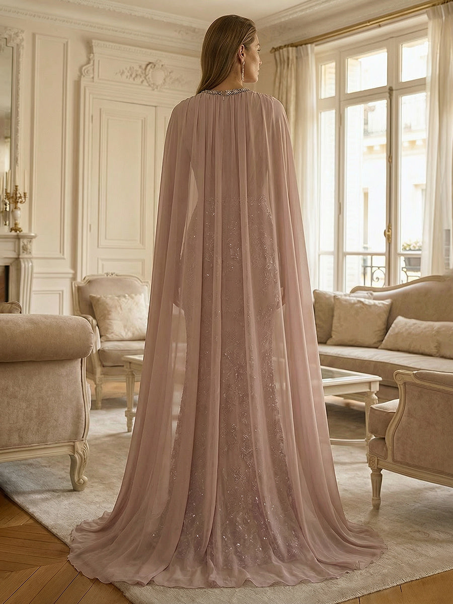 Sheath/Column Chiffon Cape Sleeves Maxi Mother of the Bride & Groom Dresses with Ruched Waist, Floral Lace Appliques & Sweep Train