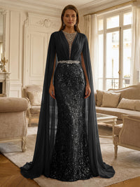 Sheath/Column Chiffon Cape Sleeves Maxi Mother of the Bride & Groom Dresses with Ruched Waist, Floral Lace Appliques & Sweep Train