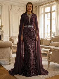 Sheath/Column Chiffon Cape Sleeves Maxi Mother of the Bride & Groom Dresses with Ruched Waist, Floral Lace Appliques & Sweep Train