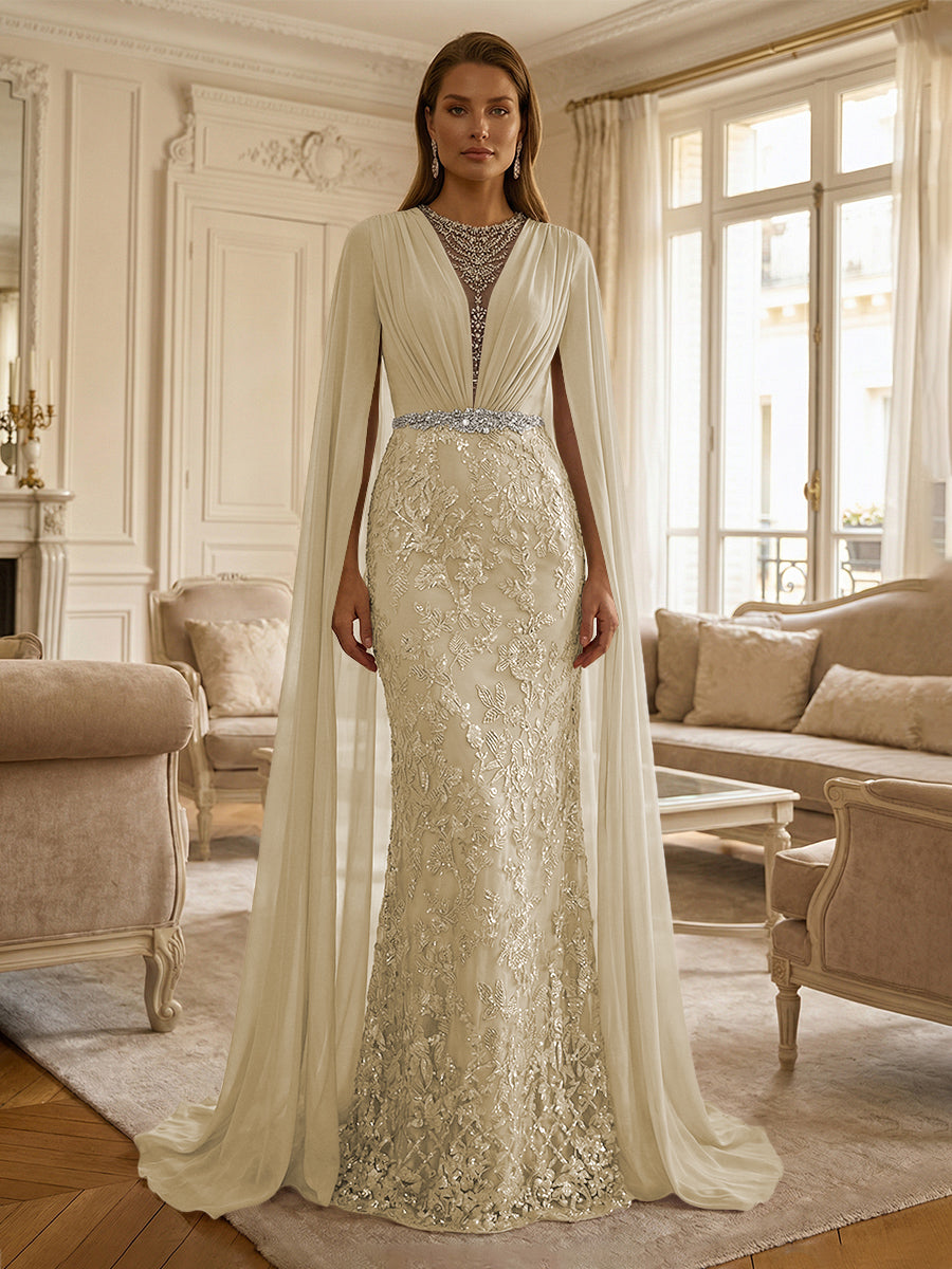 Sheath/Column Chiffon Cape Sleeves Maxi Mother of the Bride & Groom Dresses with Ruched Waist, Floral Lace Appliques & Sweep Train