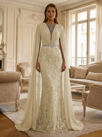 Sheath/Column Chiffon Cape Sleeves Maxi Mother of the Bride & Groom Dresses with Ruched Waist, Floral Lace Appliques & Sweep Train