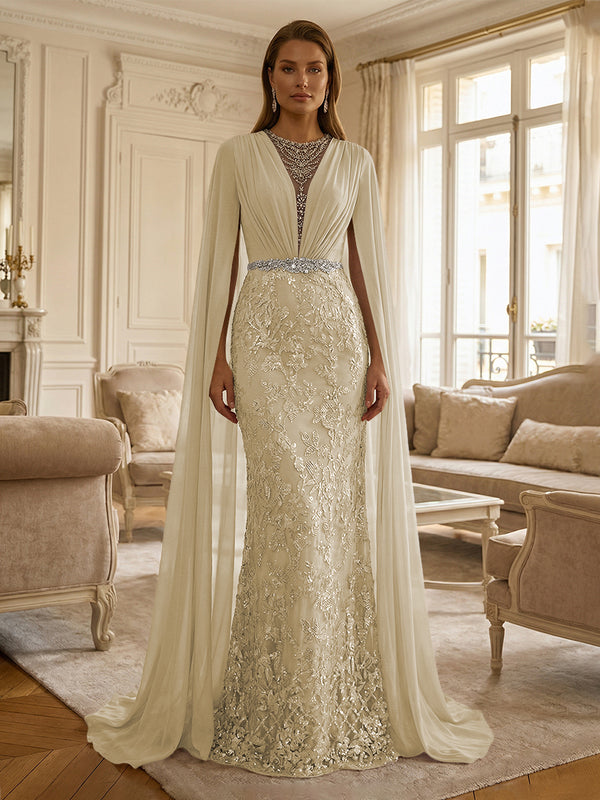 Sheath/Column Chiffon Cape Sleeves Maxi Mother of the Bride & Groom Dresses with Ruched Waist, Floral Lace Appliques & Sweep Train