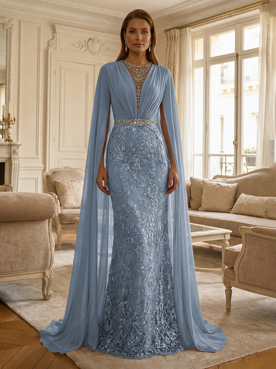 Sheath/Column Chiffon Cape Sleeves Maxi Mother of the Bride & Groom Dresses with Ruched Waist, Floral Lace Appliques & Sweep Train