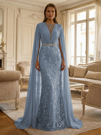 Sheath/Column Chiffon Cape Sleeves Maxi Mother of the Bride & Groom Dresses with Ruched Waist, Floral Lace Appliques & Sweep Train