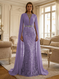 Sheath/Column Chiffon Cape Sleeves Maxi Mother of the Bride & Groom Dresses with Ruched Waist, Floral Lace Appliques & Sweep Train