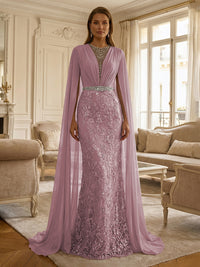 Sheath/Column Chiffon Cape Sleeves Maxi Mother of the Bride & Groom Dresses with Ruched Waist, Floral Lace Appliques & Sweep Train