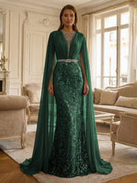 Sheath/Column Chiffon Cape Sleeves Maxi Mother of the Bride & Groom Dresses with Ruched Waist, Floral Lace Appliques & Sweep Train