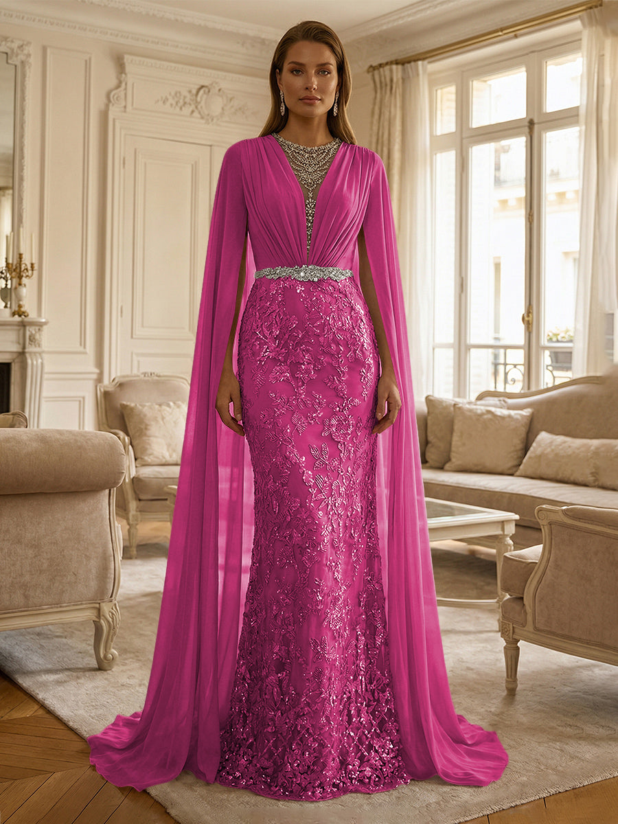 Sheath/Column Chiffon Cape Sleeves Maxi Mother of the Bride & Groom Dresses with Ruched Waist, Floral Lace Appliques & Sweep Train