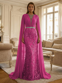 Sheath/Column Chiffon Cape Sleeves Maxi Mother of the Bride & Groom Dresses with Ruched Waist, Floral Lace Appliques & Sweep Train