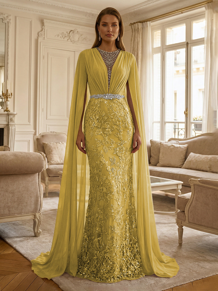 Sheath/Column Chiffon Cape Sleeves Maxi Mother of the Bride & Groom Dresses with Ruched Waist, Floral Lace Appliques & Sweep Train