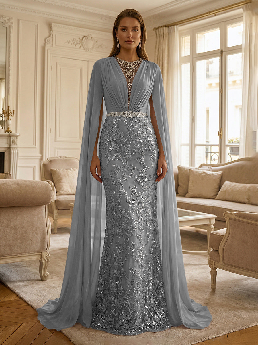 Sheath/Column Chiffon Cape Sleeves Maxi Mother of the Bride & Groom Dresses with Ruched Waist, Floral Lace Appliques & Sweep Train