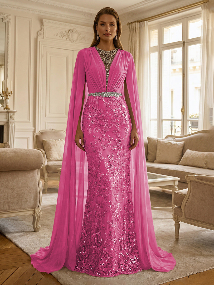 Sheath/Column Chiffon Cape Sleeves Maxi Mother of the Bride & Groom Dresses with Ruched Waist, Floral Lace Appliques & Sweep Train
