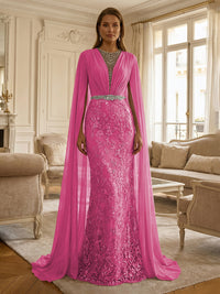 Sheath/Column Chiffon Cape Sleeves Maxi Mother of the Bride & Groom Dresses with Ruched Waist, Floral Lace Appliques & Sweep Train