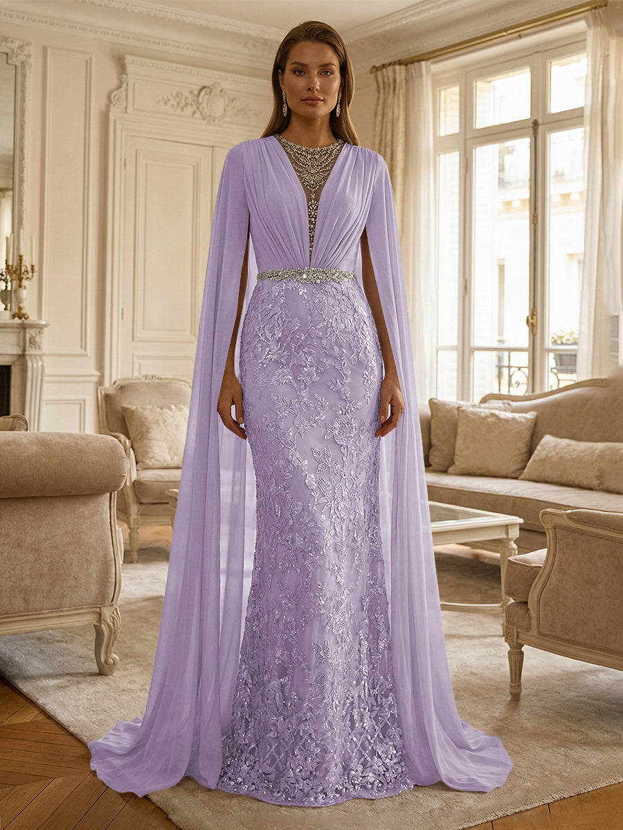 Sheath/Column Chiffon Cape Sleeves Maxi Mother of the Bride & Groom Dresses with Ruched Waist, Floral Lace Appliques & Sweep Train