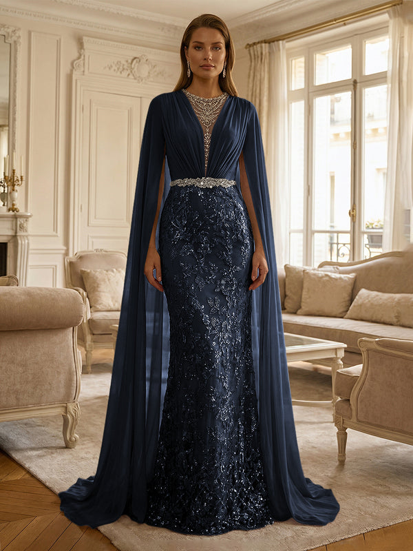 Sheath/Column Chiffon Cape Sleeves Maxi Mother of the Bride & Groom Dresses with Ruched Waist, Floral Lace Appliques & Sweep Train
