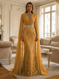 Sheath/Column Chiffon Cape Sleeves Maxi Mother of the Bride & Groom Dresses with Ruched Waist, Floral Lace Appliques & Sweep Train