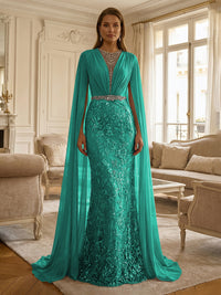 Sheath/Column Chiffon Cape Sleeves Maxi Mother of the Bride & Groom Dresses with Ruched Waist, Floral Lace Appliques & Sweep Train