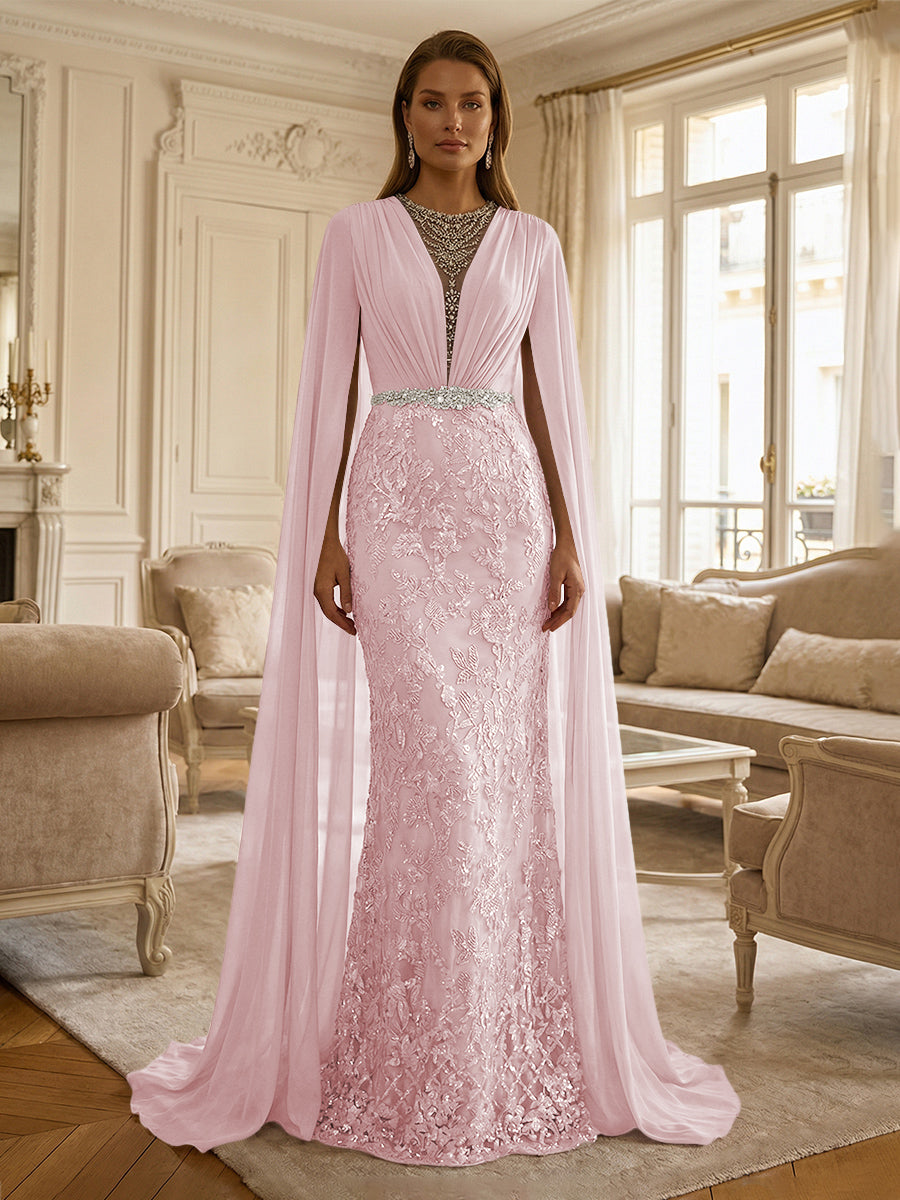 Sheath/Column Chiffon Cape Sleeves Maxi Mother of the Bride & Groom Dresses with Ruched Waist, Floral Lace Appliques & Sweep Train
