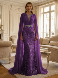Sheath/Column Chiffon Cape Sleeves Maxi Mother of the Bride & Groom Dresses with Ruched Waist, Floral Lace Appliques & Sweep Train