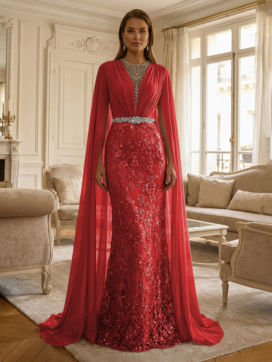 Sheath/Column Chiffon Cape Sleeves Maxi Mother of the Bride & Groom Dresses with Ruched Waist, Floral Lace Appliques & Sweep Train